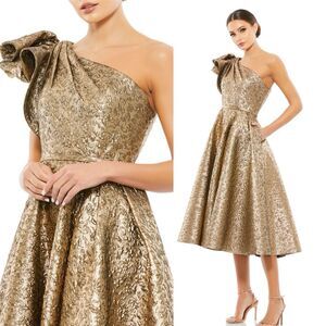$498 Mac Duggal 67906 Bronze Metallic One Shoulder Bow Tea Midi Dress Size 2 NEW